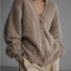 Soft Fuzzy V-Neck Button Cardigan Sweater - Taupe
